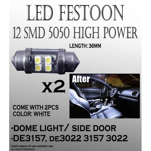 ICBEAMER 2 x White 36mm DE3175 DE3022 4-SMD LED Bulbs For Dome Light