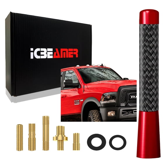 ICBEAMER 3" 76 mm Aluminum Red w/ Carbon Fiber Universal AM/FM Radio Antenna Screw-in Stubby Aerial Replacement