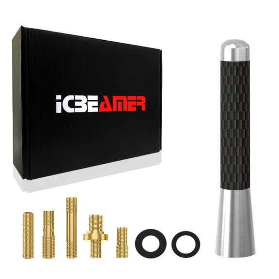ICBEAMER 3" 76 mm Aluminum Silver w/ Carbon Fiber Universal AM/FM Radio Antenna Screw-in Stubby Aerial Replacement 1pc