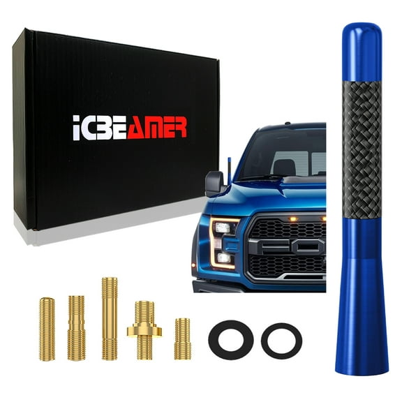ICBEAMER 5" 127 mm Aluminum Blue w/ Real Carbon Fiber Universal AM/FM Radio Antenna Screw-in Stubby Aerial Replacement