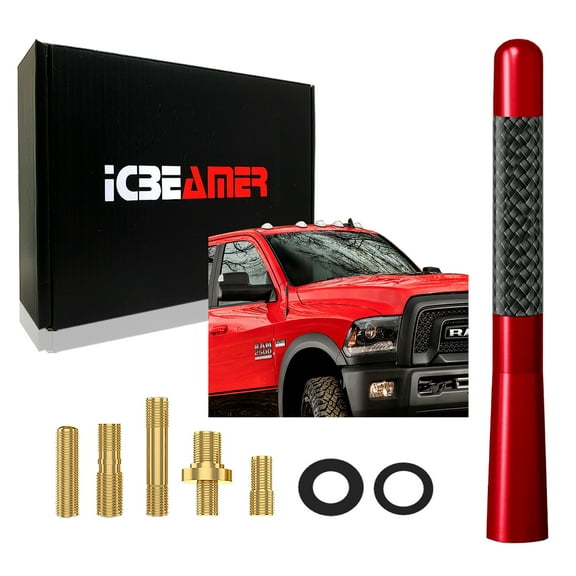 ICBEAMER 5" 127 mm Aluminum Red w/ Carbon Fiber Universal AM/FM Radio Antenna Screw-in Stubby Aerial Replacement