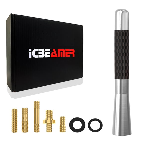 ICBEAMER 5" 127 mm Aluminum Silver w/ Carbon Fiber Universal AM/FM Radio Antenna Screw-in Stubby Aerial Replacement