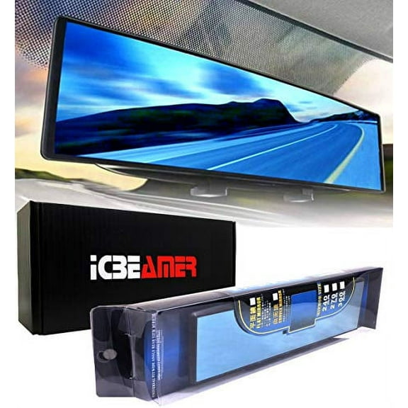 ICBEAMER 9.4" 240mm Easy Clip on Universal Fit Wide Angle Panoramic Auto Interior Rearview Mirror Flat Blue Surface