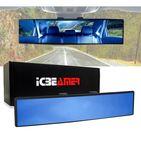 ICBEAMER 9.4" Car Rear View Mirror, HD Blue Tint, Panoramic Wide Angle Flat Surface, 2 Interior Retractable Rubber Clips, Anti Glare, Automotive Accessories Universal for Truck, Car, SUV, 1 Pack