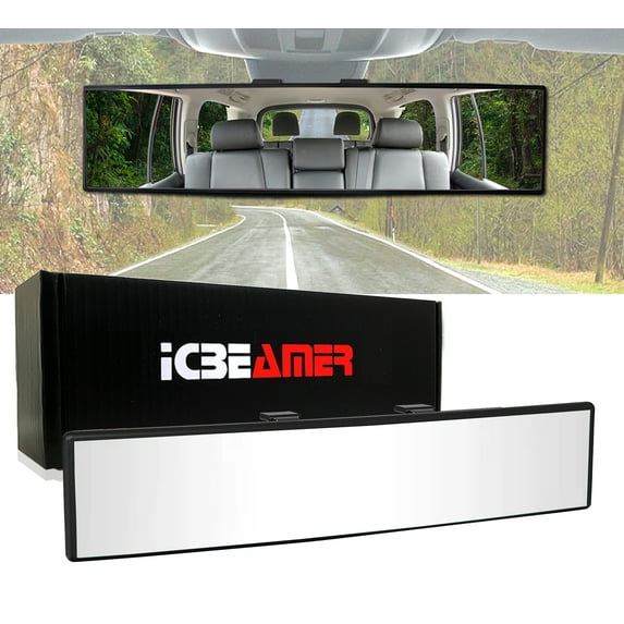 ICBEAMER 9.4" Car Rear View Mirror, HD Clear Tint, Panoramic Wide Angle Convex Surface, 2 Interior Retractable Rubber Clips, Anti Glare, Automotive Accessories Universal for Truck, Car, SUV, 1 Pack