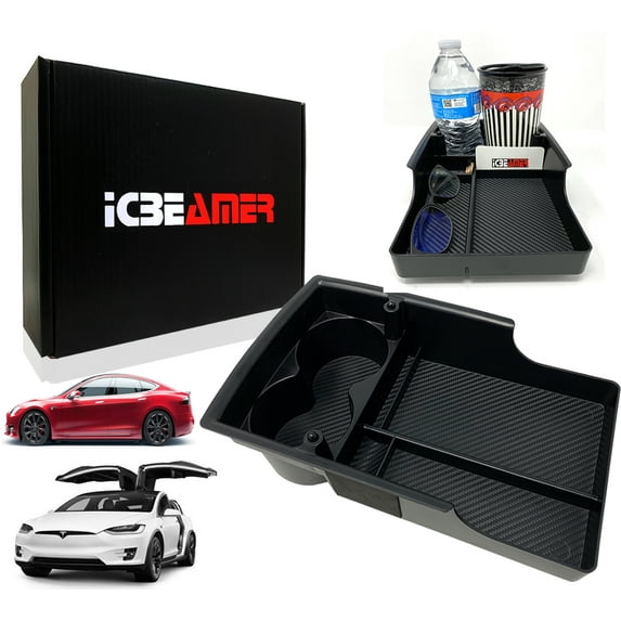 ICBEAMER Fit:Tesla Model S/Model X 2016~2020 Carbon Fiber Pattern Center Console Organizer, Storage Box Coins Cup Holder