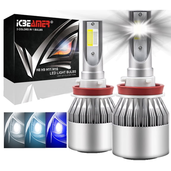 ICBEAMER H9 7200lm Canbus COB LED Replace Halogen 3 colors in 1 Bulb 6000K White 10000K 30000K Dark Blue Headlight