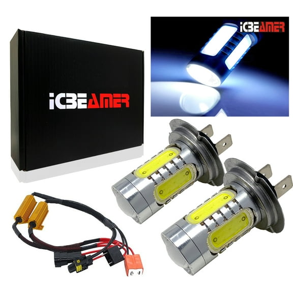 ICBEAMER LED H7 High Beam/ Fog Light, ICBEAMER 2 pcs H7 12V 11W Newest Version 3570 COB Chips Projector Lens White 6000K Bulbs