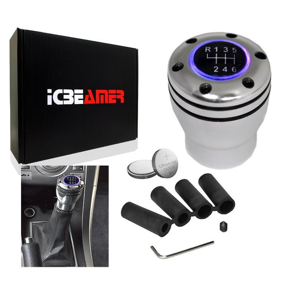 ICBEAMER Silver Aluminum Shift Knob Purple LED Light Top Glow, Fit Buttonless Automatic & 4, 5, 6 Speed Manual Transmission Interior Car Gear Lever Stick Shift Racing Style [Battery Included]