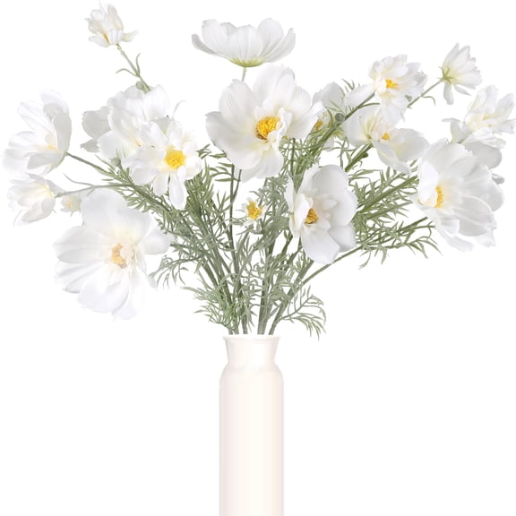 ICBOX 6PCS White Cosmos Artificial Flowers 30'' Long Fake Daisy Silk Flower Arrangements for Tall Vases, Faux Wild Flowers for Indoor Wedding Table Centerpieces Kitchen Party Home Decor (White) C113