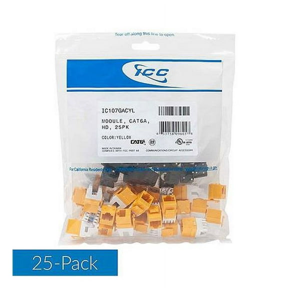 ICC IC107GACYL CAT6A RJ45 Keystone Jack for HD Style, 25-Pack, Yellow