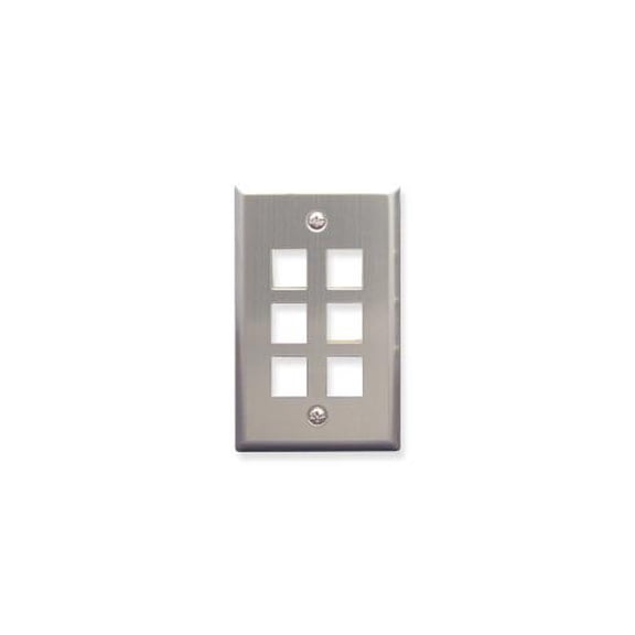 ICC 6-Port Keystone Wall Plate (1 Pack), UL Listed, Stainless Steel, Single Gang Wall Plate for RJ45 Modular Jack and Inserts, Brushed Finish