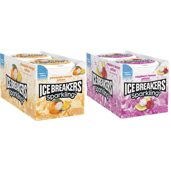 ICE BREAKERS DYNAMIC DUEL PINEAPPLE MANGO and RASPBERRY LEMON SELTZERS  Sugar Free Mints Tins, 1.5 Oz. (Pack Of 2) 16 Tins Total Count