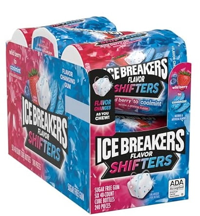 ICE BREAKERS FLAVOR SHIFTERS WILD BERRY/COOLMINT FLAVORS SUGAR-FREE GUM BOTTLE PACK BOX
