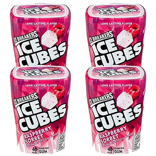 ICE BREAKERS ICE CUBES Chewing Gum, Raspberry Sorbet, Sugar Free, 40 Piece Cube Pack Container (Pack of 4)