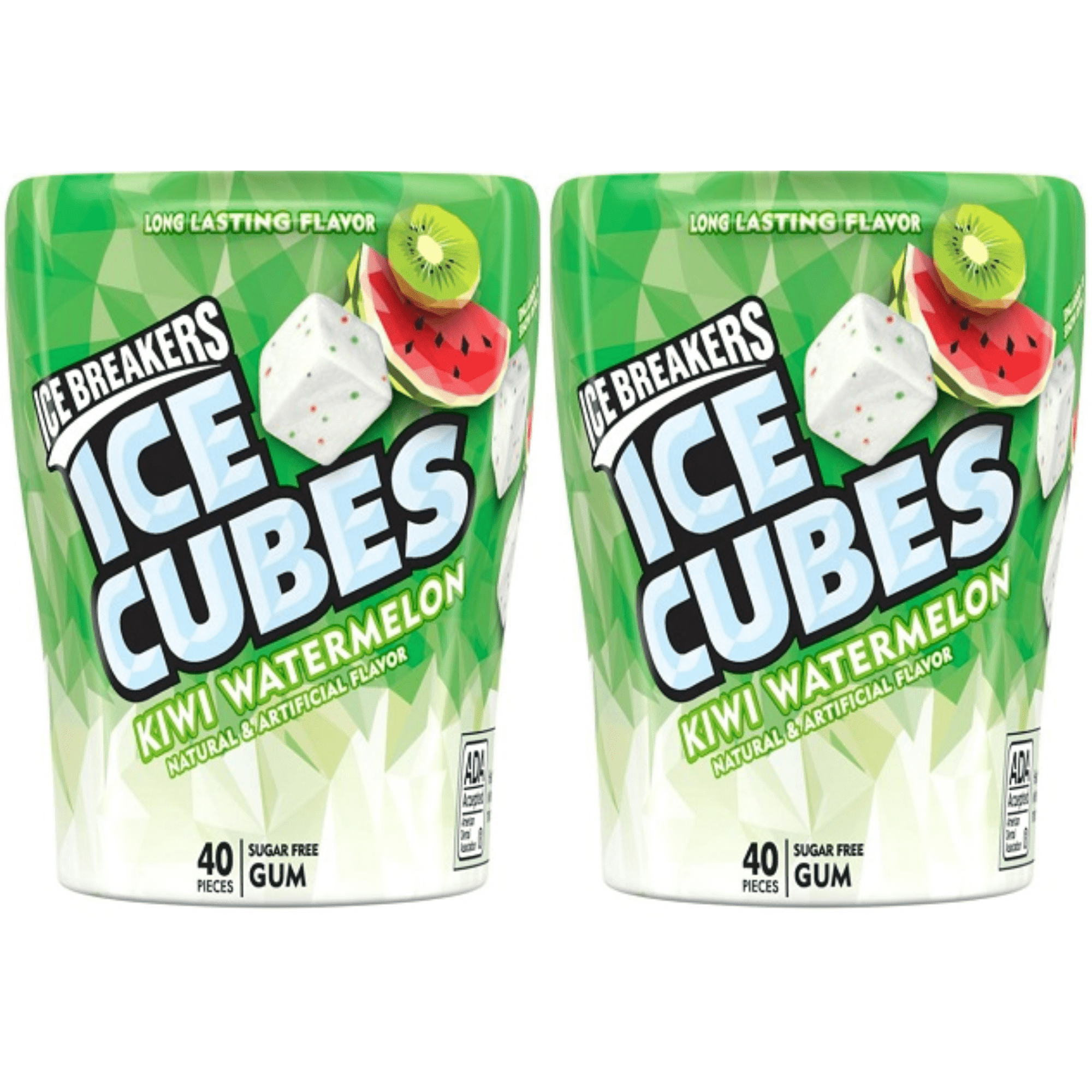 ICE BREAKERS ICE CUBES Kiwi Watermelon Sugar Free Chewing Gum, Made with Xylitol, 3.24 oz, 40 Piece Each (2 Pack)