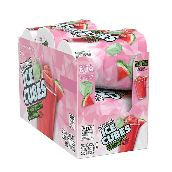ICE BREAKERS ICE CUBES Watermelon Slushie Flavored, Made with Xylitol Sugar Free Chewing Gum Bottles, 3.24 oz (6 Count, 40 Pieces)