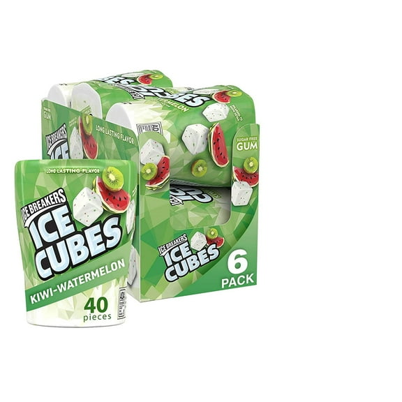 ICE BREAKERS Ice Cubes Kiwi Watermelon Sugar Free Chewing Gum Bottles, 3.24 oz (6 Count, 40 Pieces)