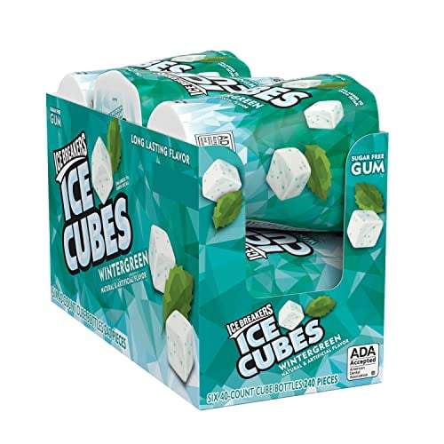 ICE BREAKERS Ice Cubes Wintergreen Sugar Free Chewing Gum Bottles, 3.24 oz (6 Count, 40 Pieces)