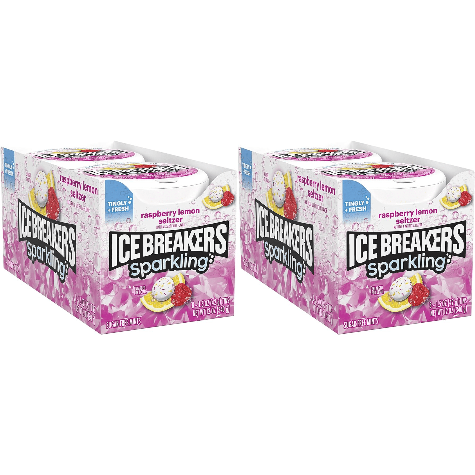 ICE BREAKERS SPARKLING RASPBERRY LEMON SELTZER **NEW** Sugar Free Mints Tins, 1.5 Oz. 2 Pack (16 Count) DOUBLE UP and SAVE
