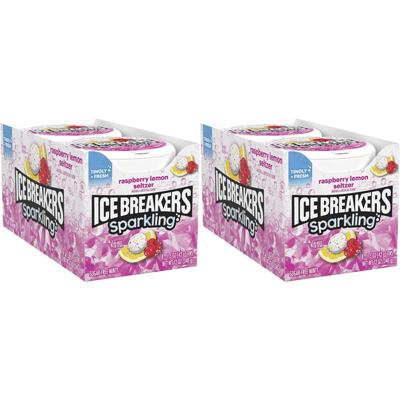 ICE BREAKERS SPARKLING RASPBERRY LEMON SELTZER **NEW** Sugar Free Mints Tins, 1.5 Oz. 2 Pack (16 Count) DOUBLE UP and SAVE