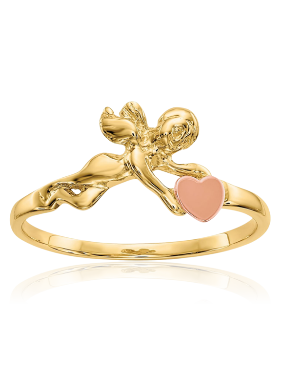 10K Solid Two Tone Gold Cherub Angel Heart Ring - 1mm Slim Band Women's