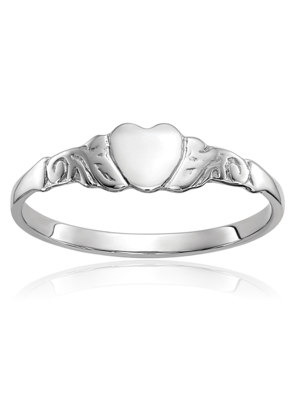 10K Solid White Gold Heart Signet Ring - 1mm Slim Band - Scroll Shoulders, Engravable, Rhodium Plated Women's