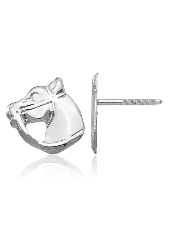 14K Solid White Gold Large Horse Head Stud Earrings - 10mm 3/8 inch - Screw Back, Rhodium Plated Women's