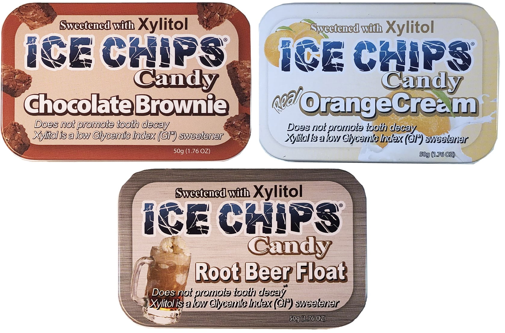 ICE CHIPS Xylitol Candy 3 Pack Assortment (Chocolate Brownie, Orange