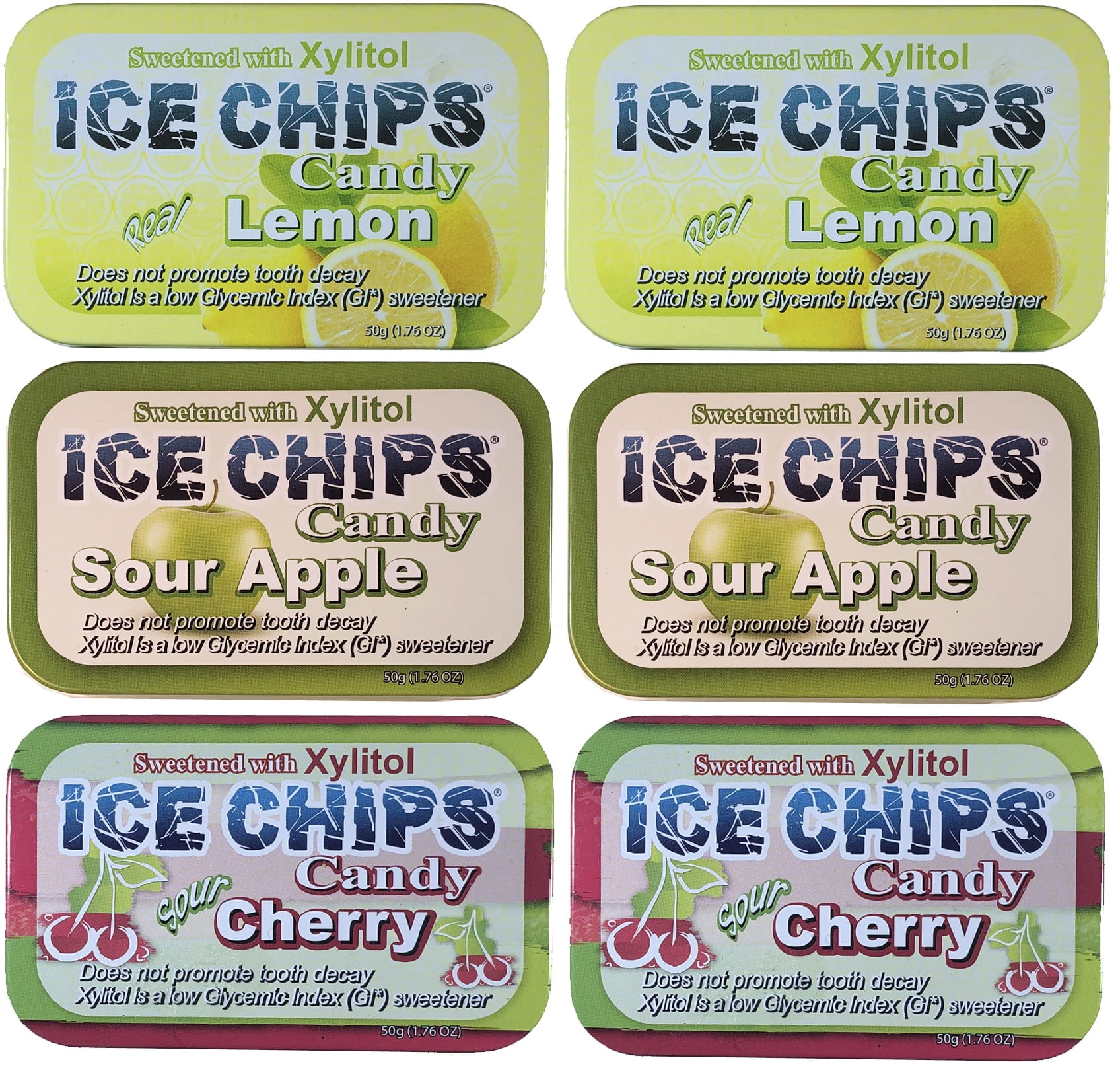 ICE CHIPS Xylitol Candy, Sour Pack (6 Tins)