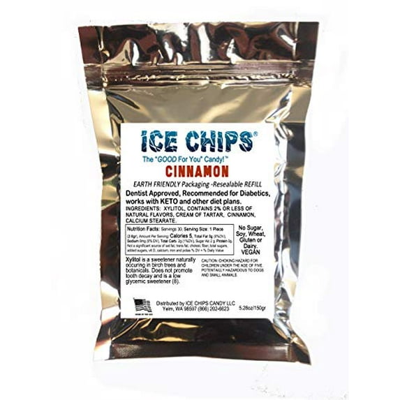 ICE CHIPS Xylitol Candy in Large 5.28 oz Resealable Pouch; Low Carb & Gluten Free (Cinnamon)