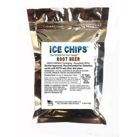 ICE CHIPS Xylitol Candy in Large 5.28 oz Resealable Pouch; Low Carb & Gluten Free (Root Beer)