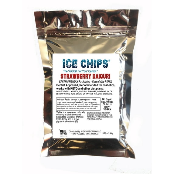 ICE CHIPS Xylitol Candy in Large 5.28 oz Resealable Pouch; Low Carb & Gluten Free (Strawberry Daiquiri)