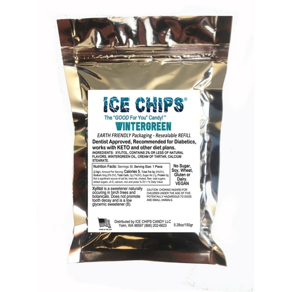 ICE CHIPS Xylitol Candy in Large 5.28 oz Resealable Pouch; Low Carb & Gluten Free (Wintergreen)