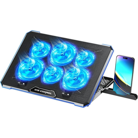 ICE COOREL Laptop Cooling Pad with 6 Cooling Fan, Laptop Cooler Fan with No Lights, Cooling pad for Laptop 15-17 Inches, Notebook Cooler Stand with 9 Height Adjustable, Cooler Pad for Lap or Desk Use