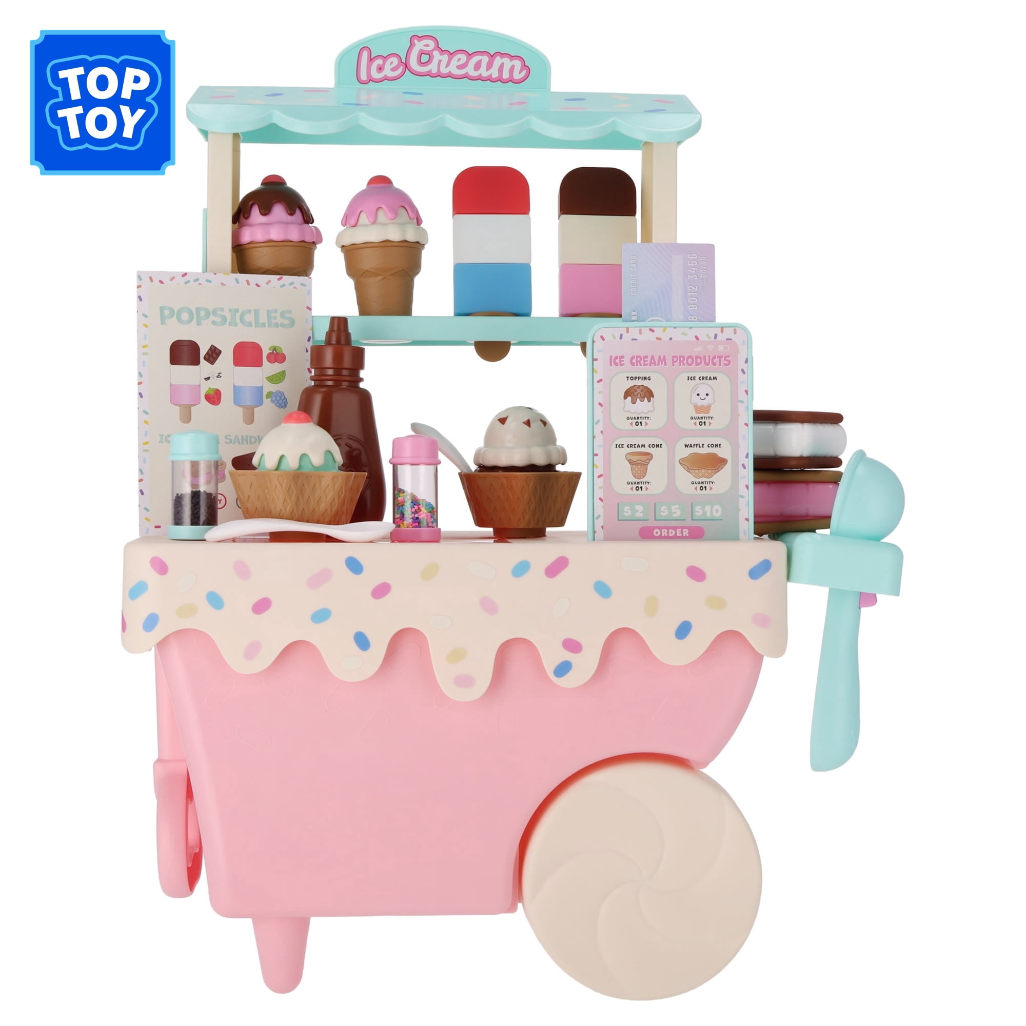 Kid Connection 42-Piece Ice Cream Cart Pretend Play Set with Cones, Popsicles, Toppings, Menu, Tablet & Dress-Up Accessories