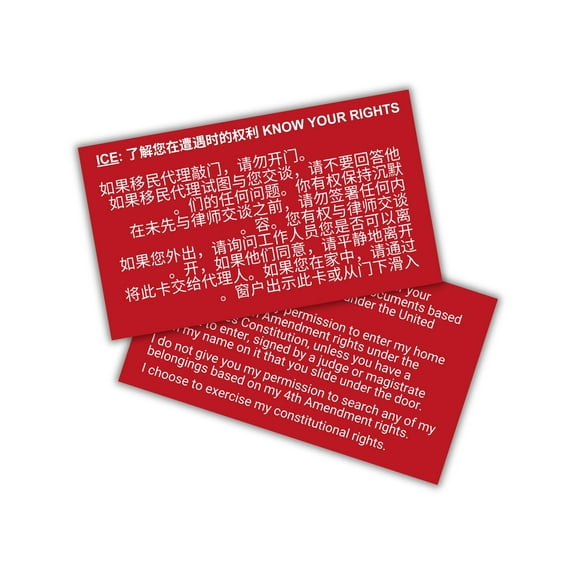 ICE Chinese Know Your Constitutional Rights Immigration and Customs Enforcement Cards 30pk 2x3.5 Hand to Law Officers At Your Home Wallet Guide