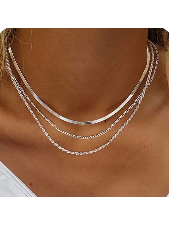 Herringbone Necklace for Women,Dainty Silver Necklace,14k Silver Plated Snake,Silver Chain Choker Necklaces,Simple Silver Layered Necklaces,Silver Jewelry Gift for Women