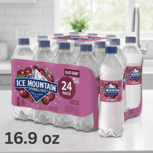 ICE MOUNTAIN Sparkling Water, Black Cherry, 16.9 fl oz Bottles, 24 Pack – Naturally Flavored Carbonated Water with No Calories or Sweeteners