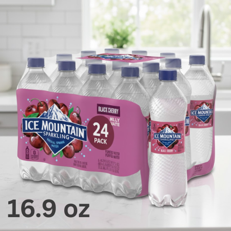 ICE MOUNTAIN Sparkling Water, Black Cherry, 16.9 fl oz Bottles, 24 Pack – Naturally Flavored Carbonated Water with No Calories or Sweeteners