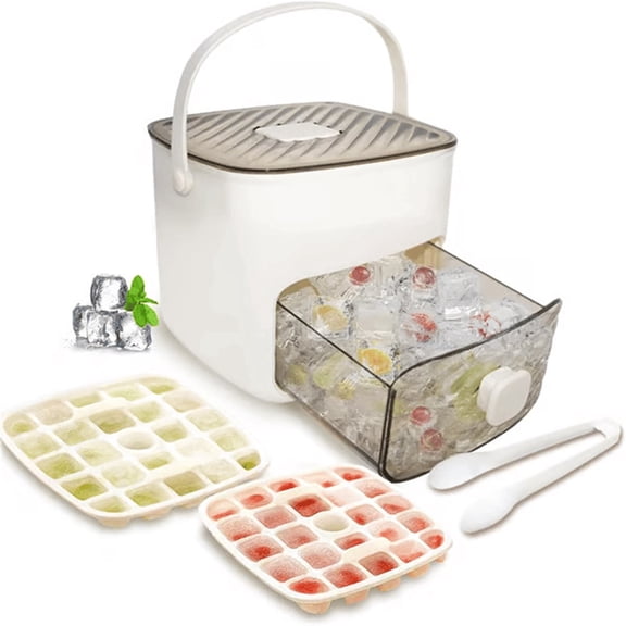 ICE Tray with Lid & Bin, 48-Cube Double Layer Ice Maker with Large Bin & Tongs, Portable Silicone Ice Mold for DIY Whiskey, Outdoors & Parties