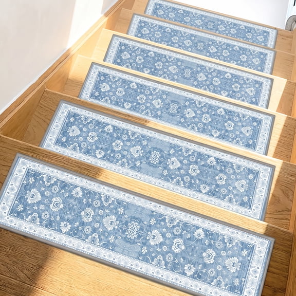 ICEANT 15PCS 30"x8" Non-Slip Stair Treads, Printed Abstract Indoor Runners, Washable Adhesive TPR Edging, Decorative Mats for Wood Steps,Blue