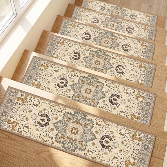 ICEANT 15PCS 30"x8" Non-Slip Stair Treads, Printed Abstract Indoor Runners, Washable Adhesive TPR Edging, Decorative Mats for Wood Steps,White