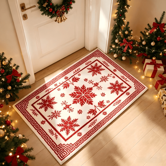 ICEANT 2'x3' Christmas Snowflake Non-Slip Doormat, Festive Holiday Carpet with Gripper, Washable Durable Mat for Hallway Kitchen Entryway, Beige Red