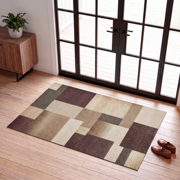 ICEANT 2'x3' Non-Slip Machine Washable Area Rug with Geometric Colorblock Patchwork Design, Earth Brown/Black/Beige/Brown