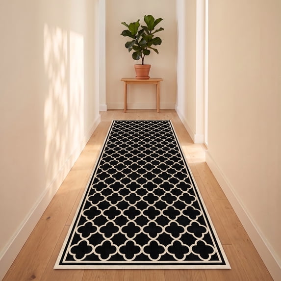 ICEANT 2'x6' Moroccan Style Non-Slip Kitchen Mat, Boho Geometric Hallway Runner Rug, Machine Washable Durable Carpet with Gripper, Vintage Aesthetic Floor Mat for Corridor Entryway, Black
