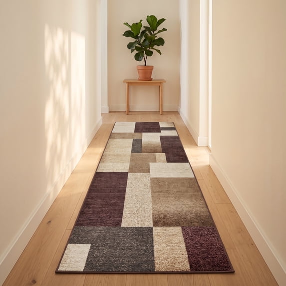 ICEANT 2'x6' Non-Slip Machine Washable Runner Rug with Geometric Patchwork Design, Earth Brown/Black/Beige/Brown