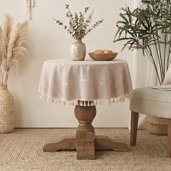 ICEANT 24 inch Linen Textured Tablecloth with Tassel, Round Grid Pattern Waterproof Wrinkle Free End Bedside Table Cover, Spill-Proof Table Cloth For Dining Room & Living Room, Coffee