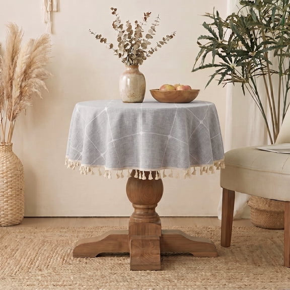 ICEANT 24 inch Linen Textured Tablecloth with Tassel, Round Grid Pattern Waterproof Wrinkle Free End Bedside Table Cover, Spill-Proof Table Cloth For Dining Room & Living Room, Grey