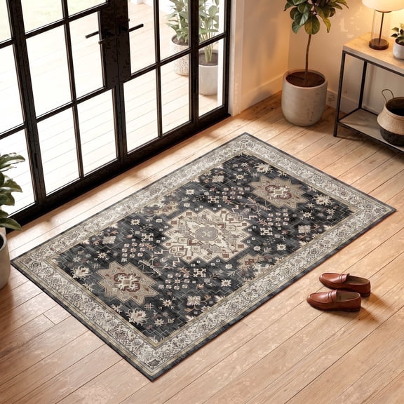 ICEANT 2' x 3 Bohemian Style Pattern Boho Vintage Black Polyester Indoor Floor Mats, Non-Slip Backing